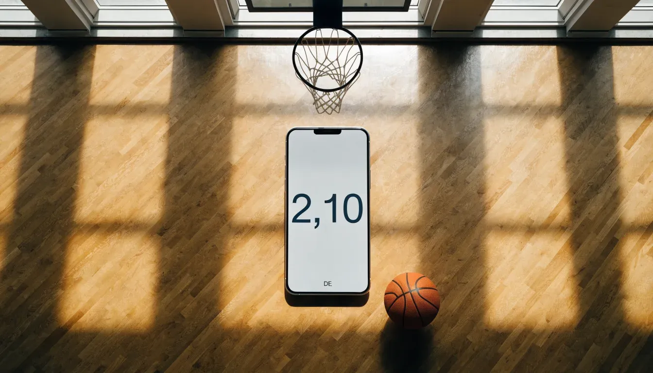 Ein Basketball liegt unter dem Korb in einer leeren Sporthalle, durch hohe Fenster fällt Tageslicht auf das Parkett.