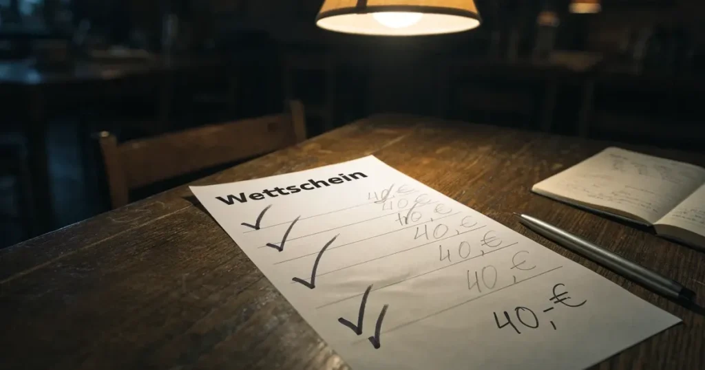 Ein hölzerner Tischfussball steht in einer leeren Bar, die Stangen mit den Figuren glänzen im Gegenlicht einer Lampe.