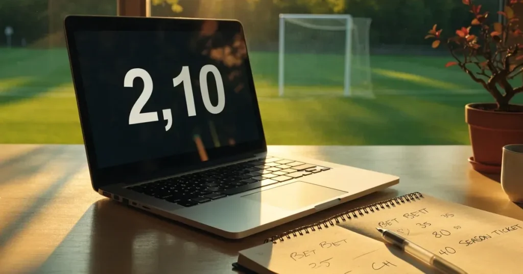 Ein aufgeräumter Schreibtisch mit Pflanze und Tasse in einem Heimbüro, vor dem Fenster liegt ein Fussballplatz im Gegenlicht.
