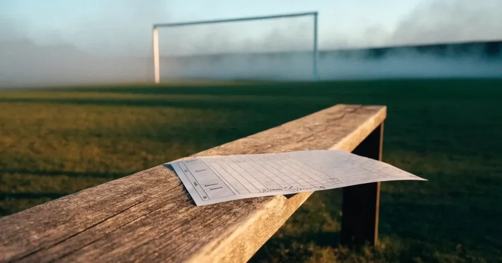 Ein Fernglas liegt auf einer leeren Holzbank an der Seitenlinie eines Fussballfelds, vom Rasen steigt Nebel auf.