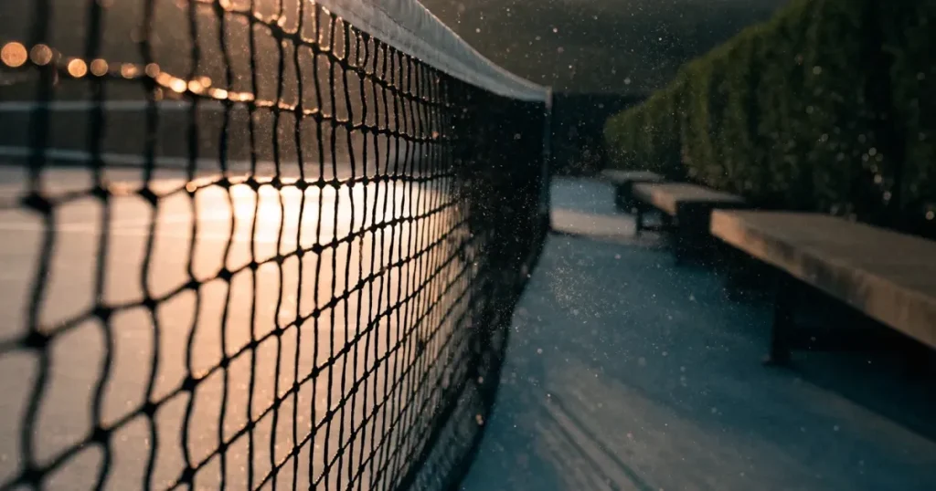 Ein Tennisnetz in Nahaufnahme im Gegenlicht der tiefstehenden Sonne, feine Staubkörner schweben über dem Platz.