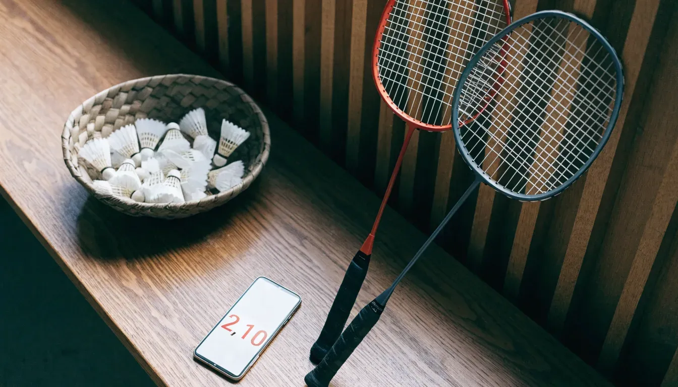 Zwei Badmintonschläger lehnen gekreuzt an einer Hallenwand aus Holz, daneben steht ein Korb mit Federbällen.