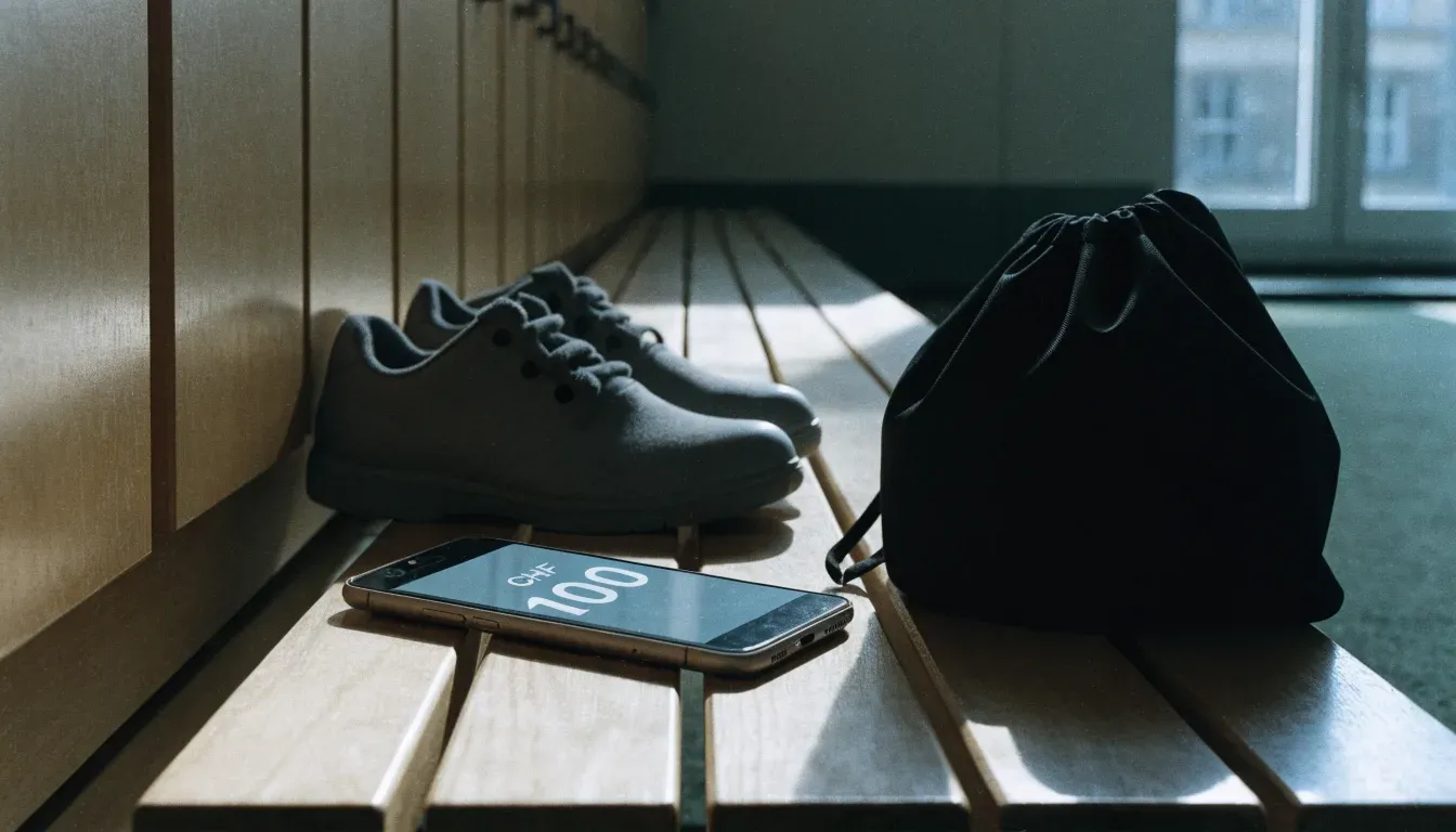 Ein Paar Hallenschuhe steht ordentlich neben einer Sporttasche auf einer Bank in einer leeren Garderobe, ein Fenster lässt Morgenlicht herein.