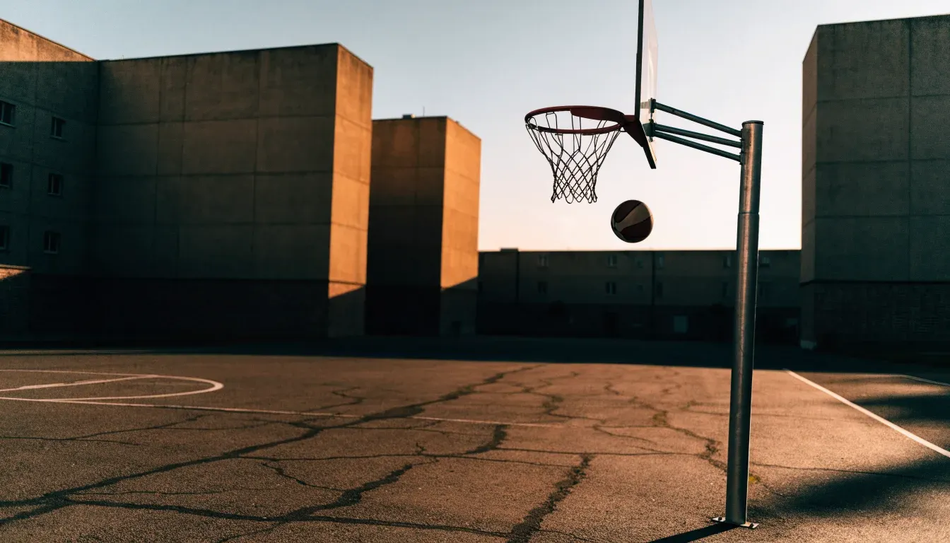 Ein Basketball liegt auf einem Asphaltplatz in einem Hinterhof zwischen Wohnblöcken, das Abendlicht färbt die Wände warm.