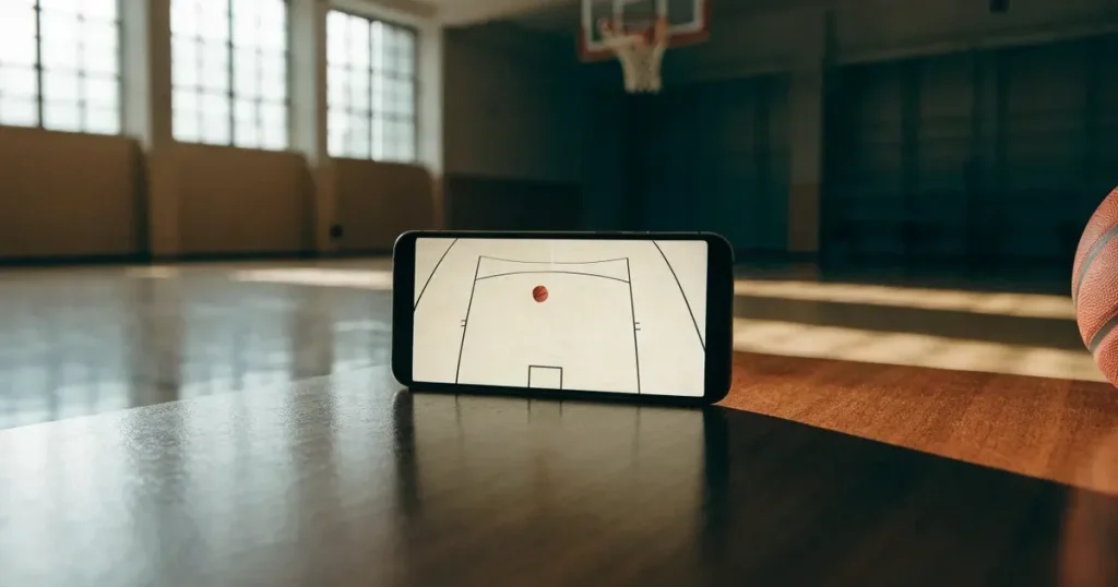 Ein Basketballkorb mit Netz in einer leeren Halle, Licht fällt von hohen Fenstern auf den glänzenden Parkettboden.