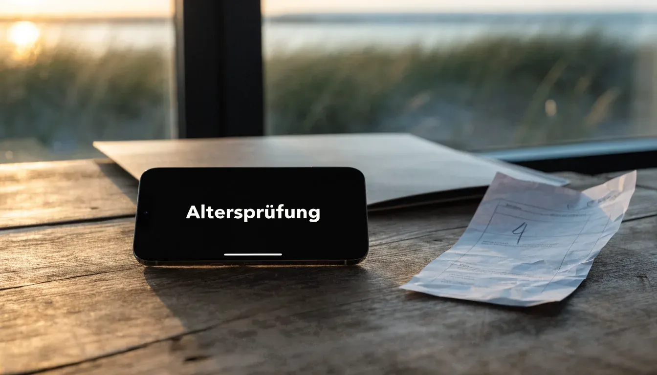 Spuren im Sand führen durch Dünengras auf den Horizont zu, die Sonne steht tief und färbt den Himmel orange.