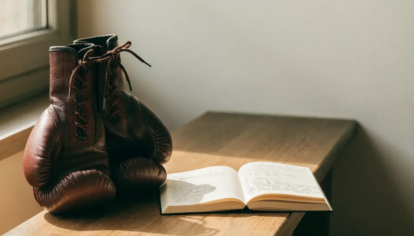 Ein Paar Boxhandschuhe aus Leder liegt auf einer Holzbank neben einem Notizbuch mit handgeschriebenen Zeilen, warmes Fensterlicht