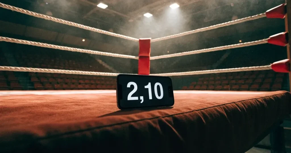 Ein leerer Boxring mit gespannten Seilen unter hellem Hallenlicht, dahinter ansteigende Zuschauerränge in einer grossen dunklen Halle