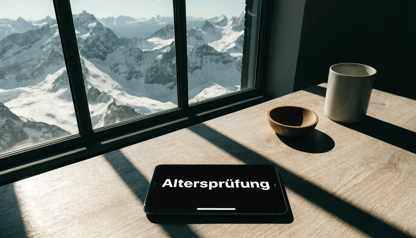 Ein Smartphone mit dunklem Bildschirm liegt auf einem Holztisch vor einem Fenster mit Blick auf schneebedeckte Gipfel