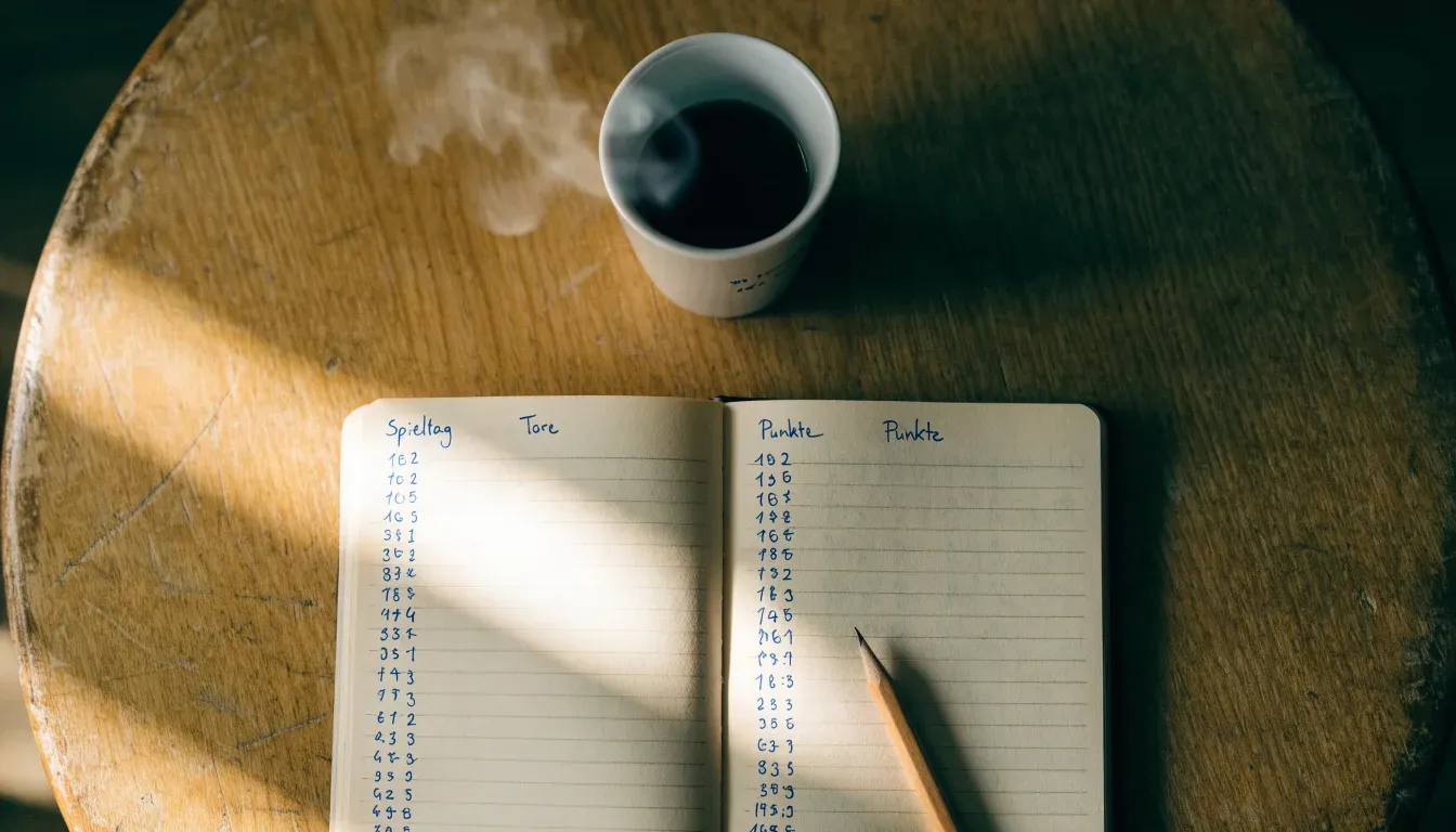 Ein aufgeschlagenes Notizbuch mit handgeschriebenen Spalten und ein Bleistift neben einer Tasse Kaffee auf einem Holztisch am Morgen