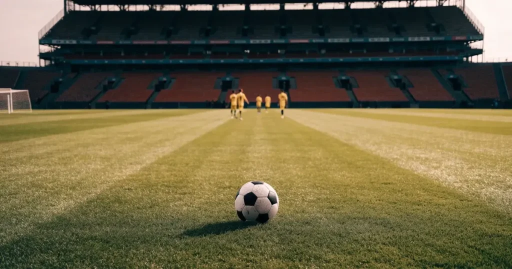 Ein Fussball liegt auf dem Anstosspunkt eines frisch gemähten Rasens, dahinter eine grosse Tribüne unter bewölktem Himmel