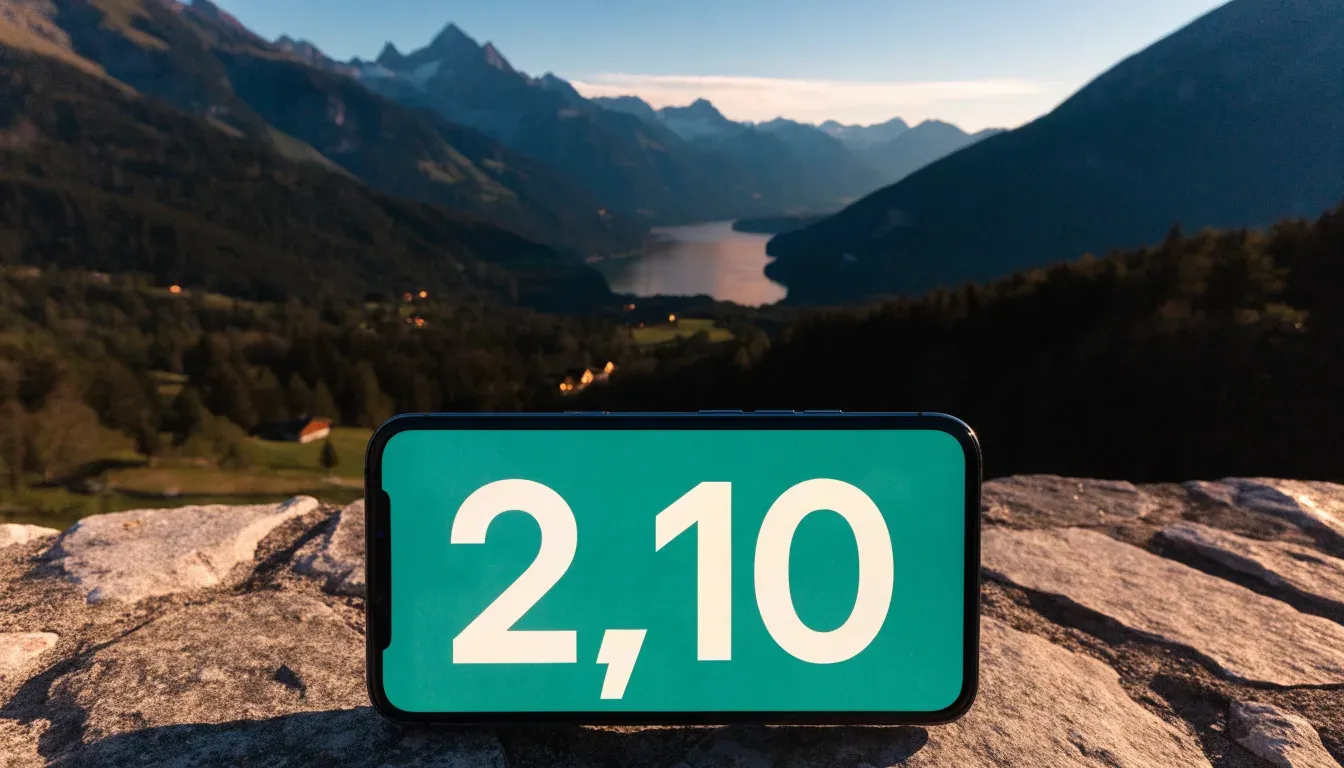 Ein Smartphone mit dunklem Display liegt auf einer Steinmauer, dahinter ein Alpental im Abendlicht