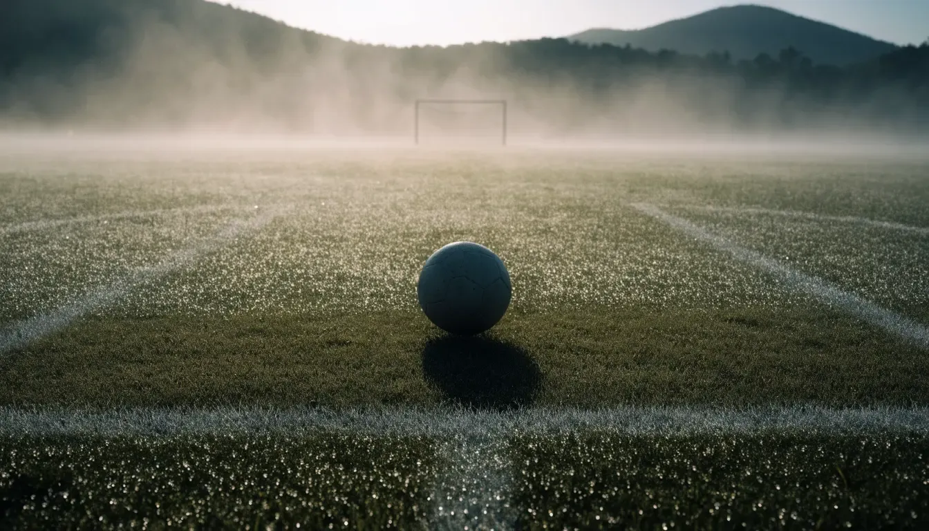 Ein einzelner Fussball auf dem Mittelpunkt eines leeren Rasens im Morgennebel, hinter dem Tor ragen Berge auf