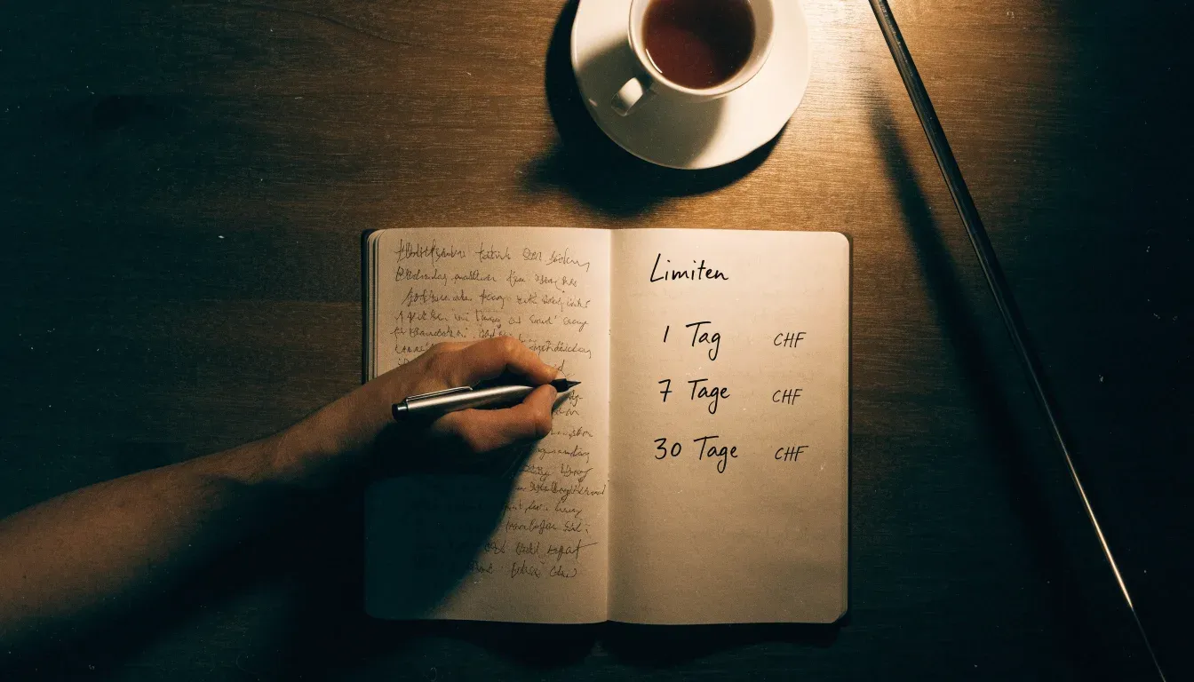 Ein Notizbuch mit handschriftlichen Einträgen und eine Tasse Tee stehen auf einem Tisch neben einer Stehlampe