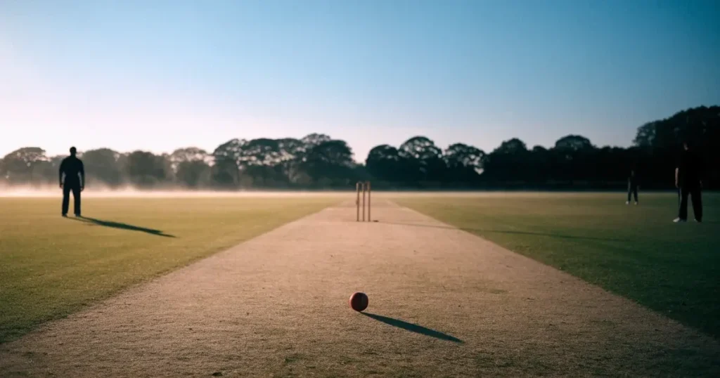 Ein ovales Cricketfeld mit gemähtem Rasen und hellem Mittelstreifen am frühen Morgen, Nebel zwischen den Bäumen am Rand