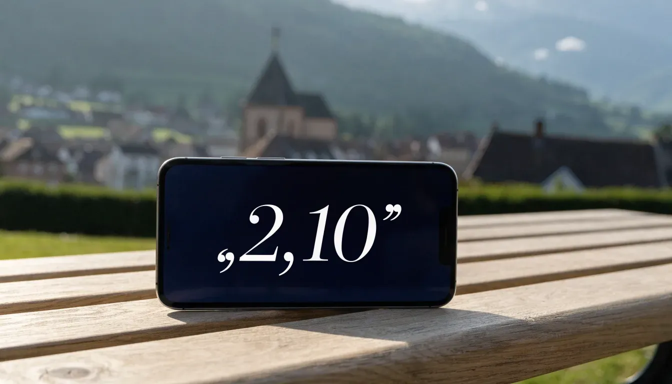 Ein Smartphone mit dunklem Display liegt auf einer Parkbank, dahinter ein Schweizer Dorf mit Kirchturm im Dunst