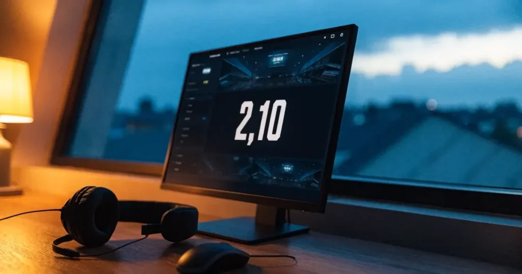Ein Headset und eine Computermaus liegen auf einem Holzschreibtisch neben einer Tischlampe, draussen ist es Abend