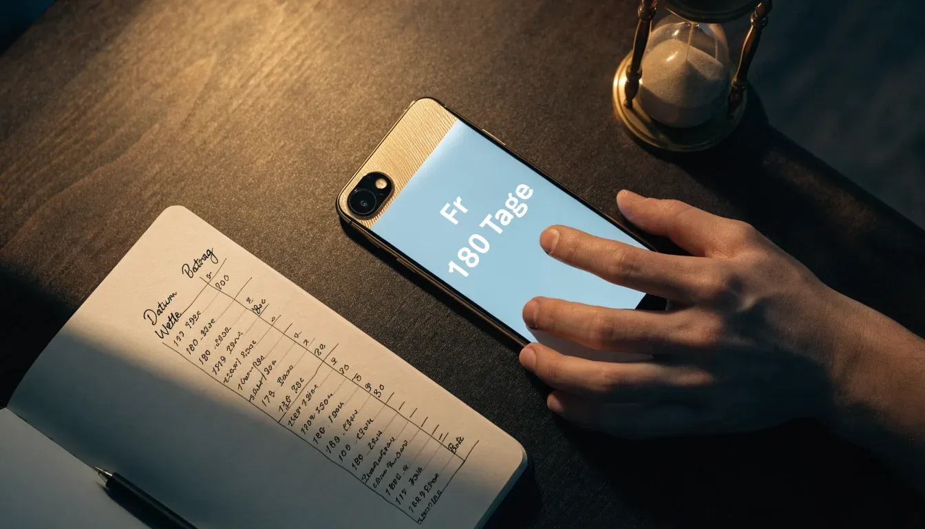 Eine Sanduhr steht auf einem Schreibtisch neben einem Notizbuch mit handschriftlichen Einträgen im Licht einer Lampe