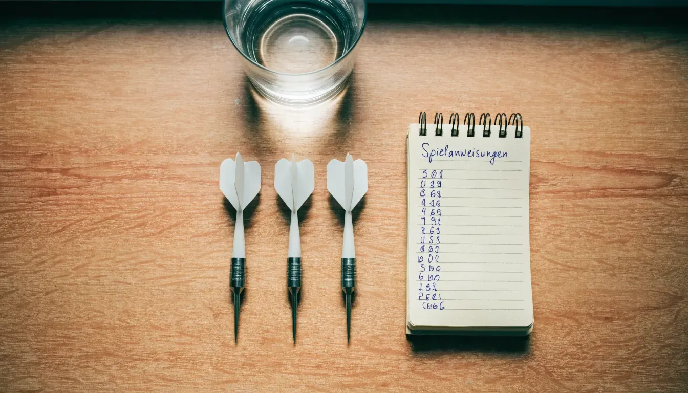 Drei Dartpfeile liegen auf einer Holzfläche neben einem Notizblock mit handschriftlichen Zahlen und einem Glas Wasser