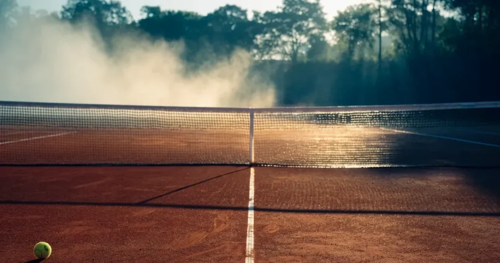 Ein Tennisplatz aus Sand bei Sonnenaufgang mit gespanntem Netz, Nebel zwischen den Bäumen am Rand