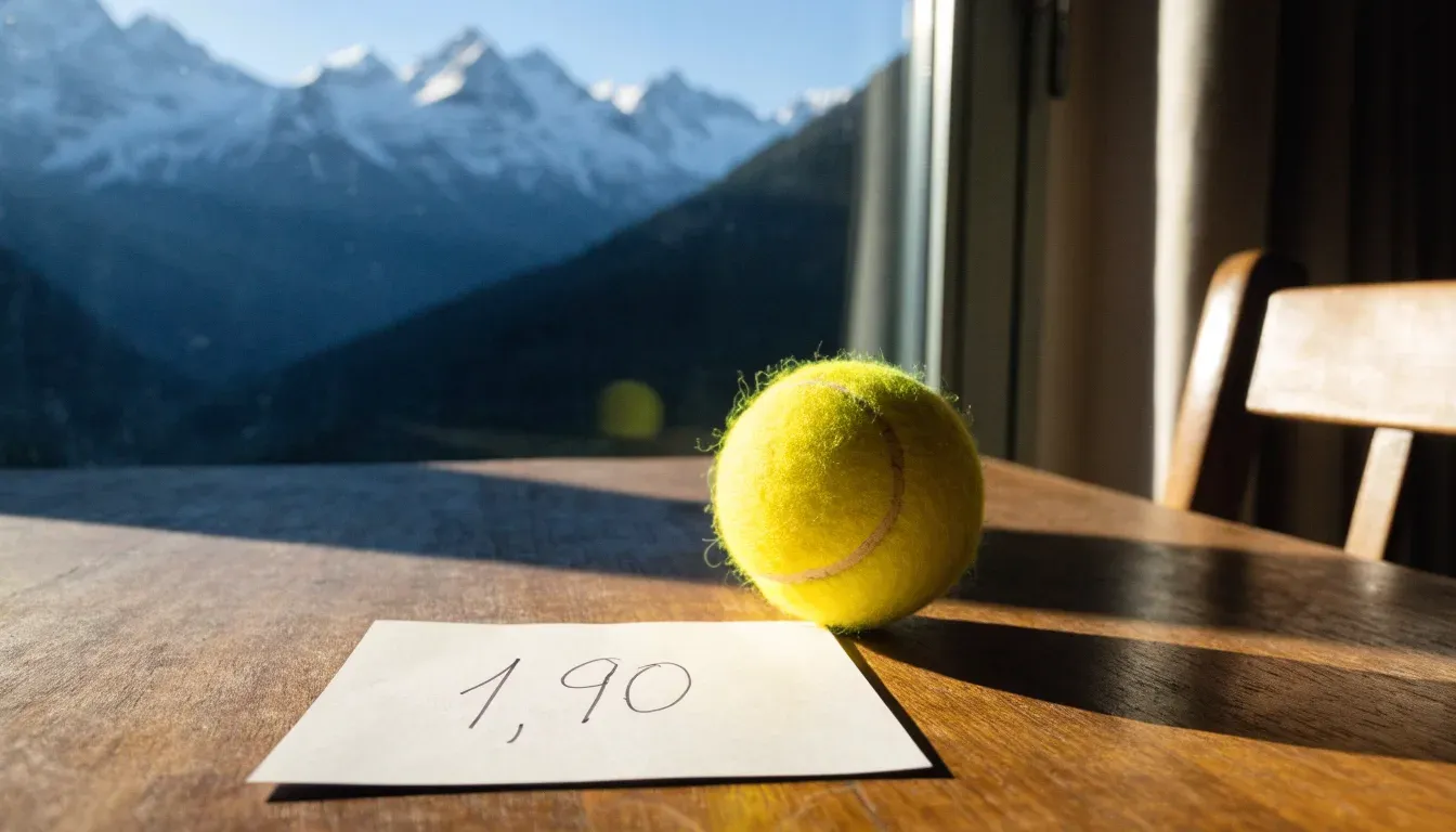 Ein einzelner gelber Tennisball liegt auf einem Holztisch vor einem Fenster mit Alpenblick