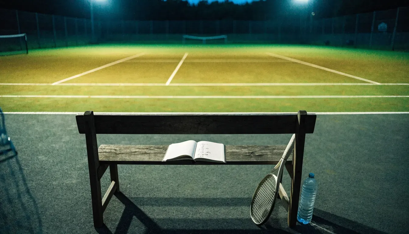 Ein Tennisschläger lehnt an einer Bank neben einer Wasserflasche, am Abend ruht der Platz im Flutlicht, aus der Ferne gesehen