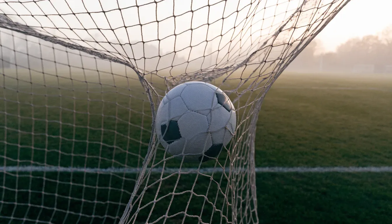 Ein Fussball liegt im Netz hinter einem Tor, weicher Morgennebel hängt über dem Rasen