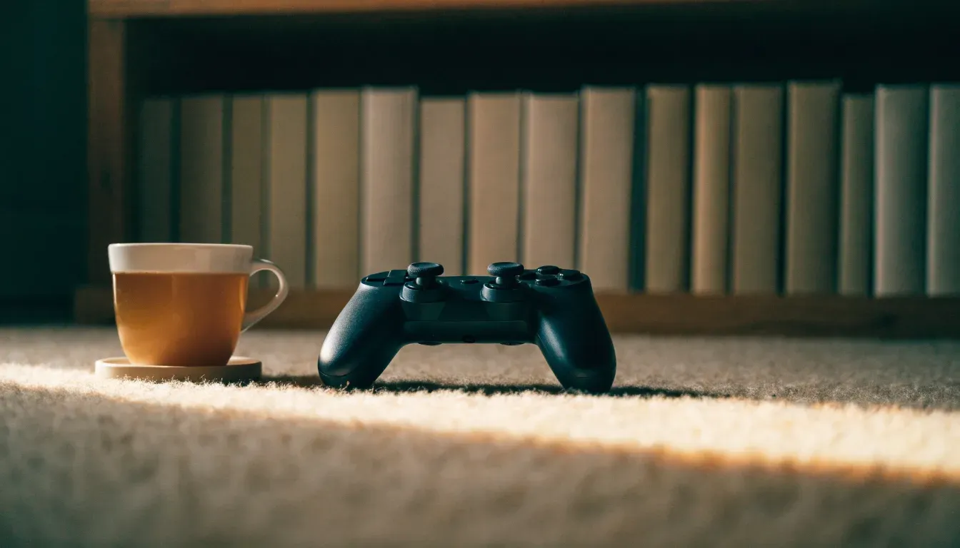 Ein Spielcontroller liegt auf einem Teppich neben einer Tasse, im Hintergrund ein Regal mit Büchern