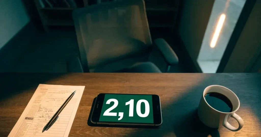 Ein leerer Bürostuhl steht vor einem Schreibtisch im Halbdunkel, durch das Fenster fällt Licht einer Strassenlaterne