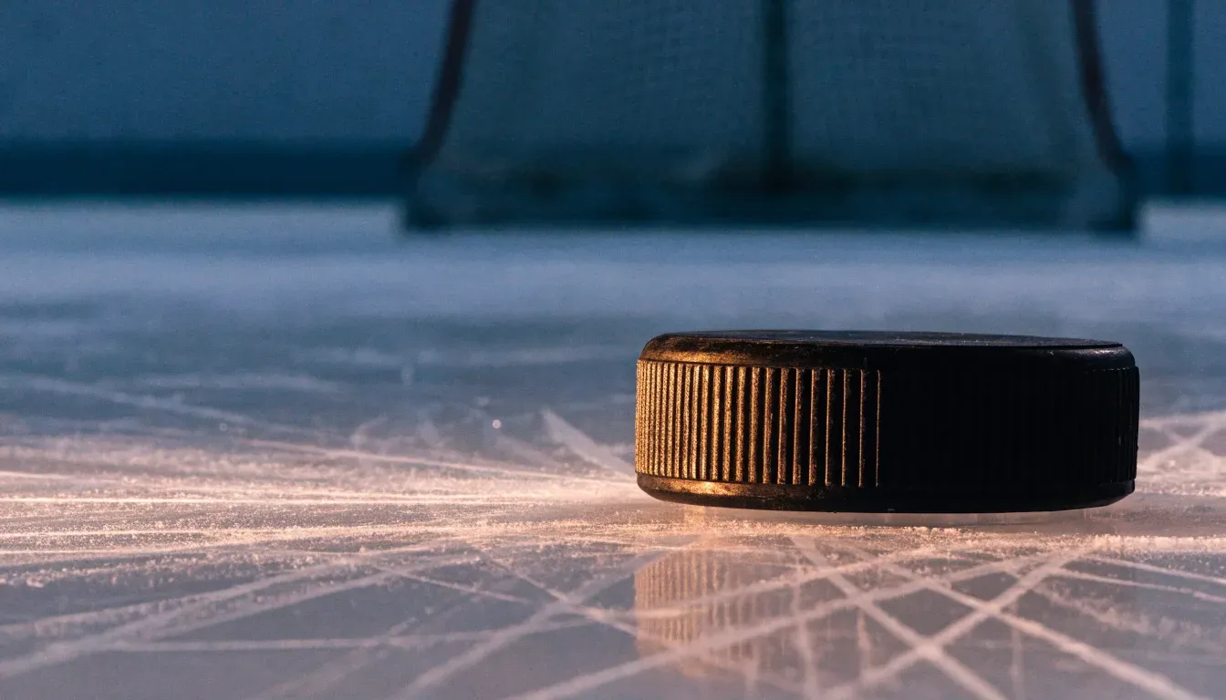 Ein Eishockeypuck liegt auf einer Eisfläche mit Kratzspuren, Nahaufnahme mit kühlen Reflexen