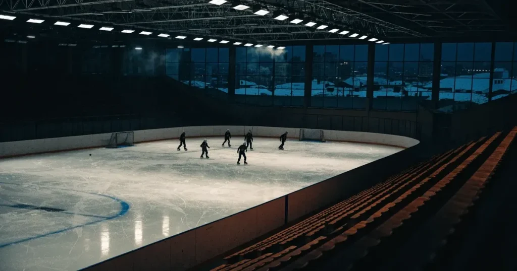 Eine Eishalle von weitem unter Flutlicht in einer verschneiten Stadtlandschaft, Dampf steigt vom Dach auf