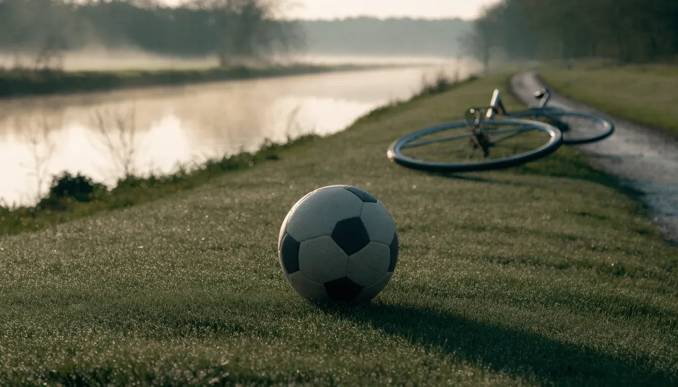Ein Fussball liegt auf einer Wiese neben einem Fahrrad, im Hintergrund ein Kanal im Morgenlicht