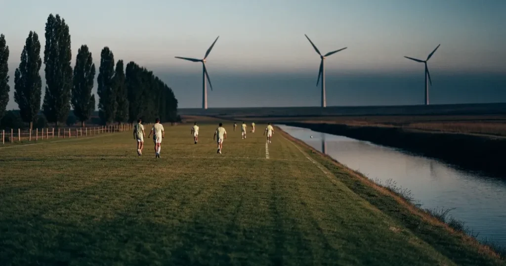 Ein Fussballplatz neben einem Kanal in flachem Land mit Windrädern am Horizont, Abendlicht liegt über dem Rasen