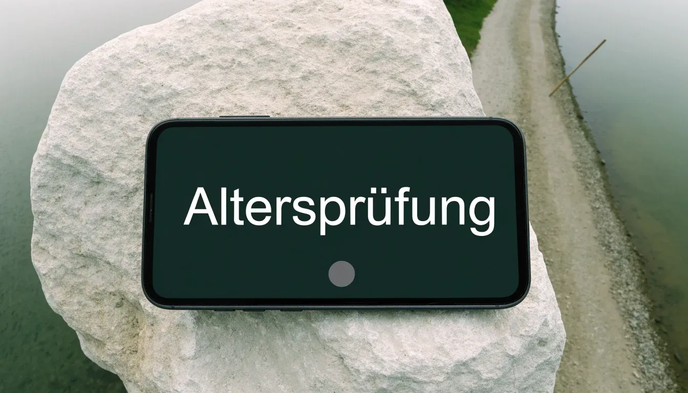 Ein schmaler Wanderweg führt am Seeufer entlang, auf einem Stein liegt ein Smartphone mit dunklem Display