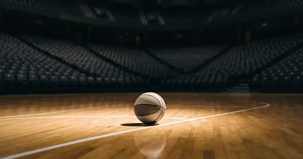 Ein Basketball liegt auf dem hellen Parkett einer leeren Halle, im Hintergrund steigen die Tribünenreihen im Halbdunkel an.