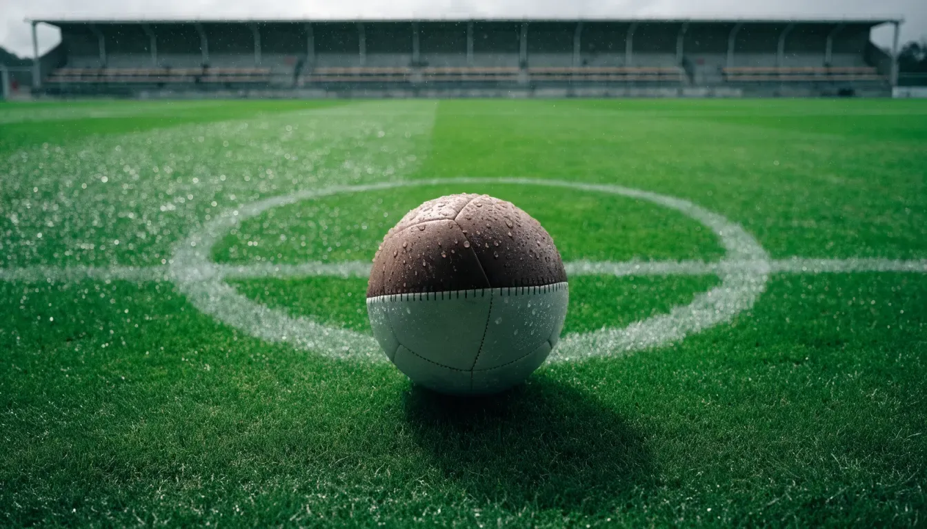 Ein Fussball liegt auf dem Anstosspunkt eines nassen Rasens, dahinter eine leere Tribüne unter grauem Himmel.