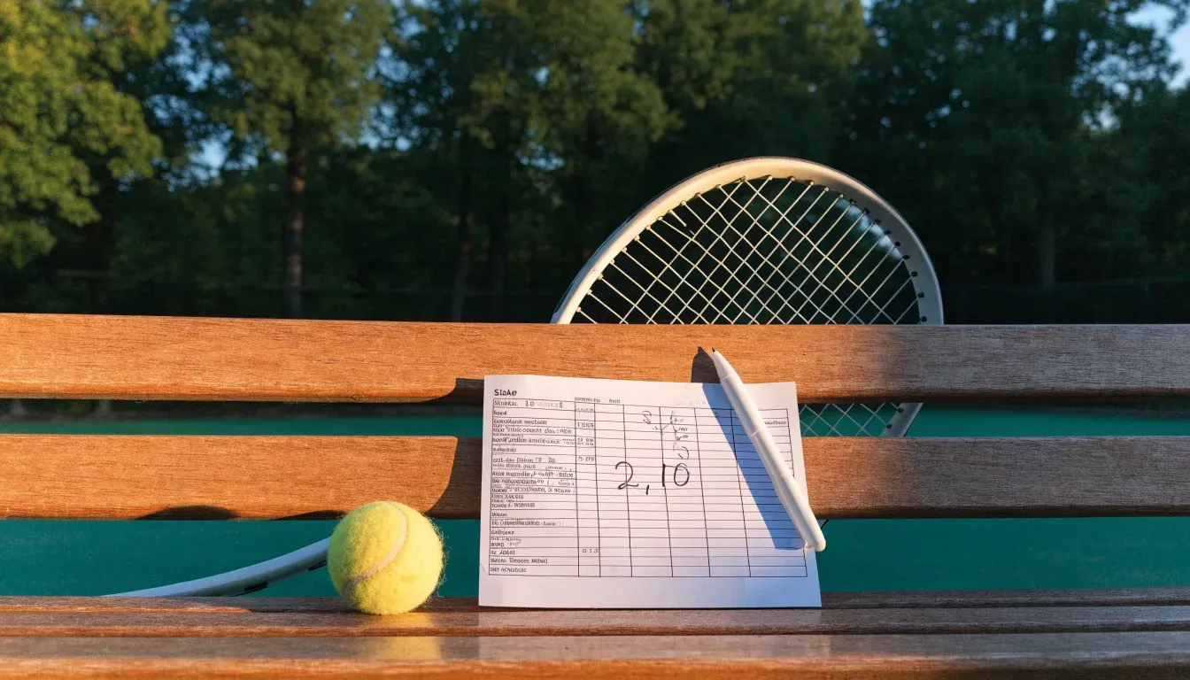 Ein Tennisball und ein Schläger ruhen auf einer Holzbank am Spielfeldrand, im Hintergrund hohe Bäume im Sommerlicht.