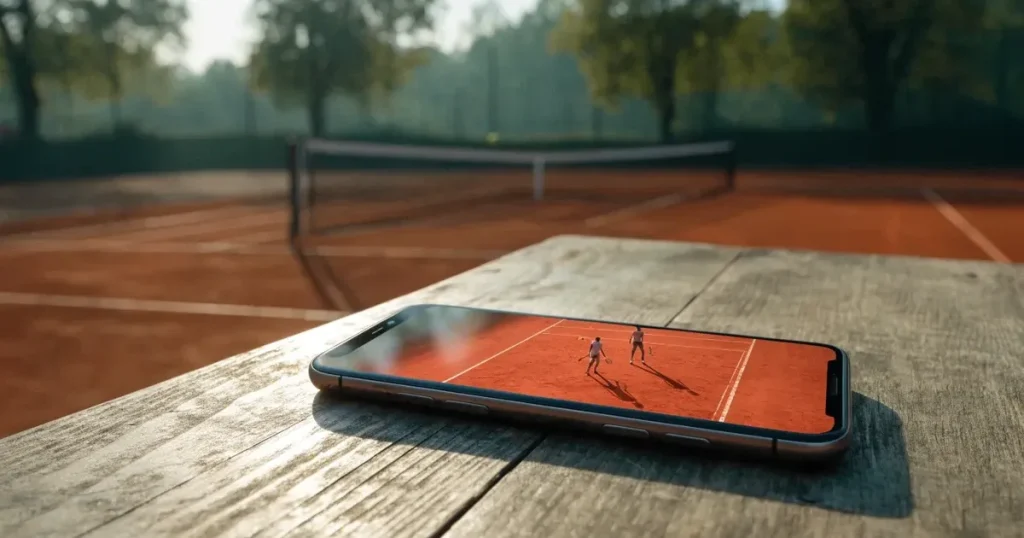 Ein Tennisplatz aus rotem Sand liegt im ersten Licht des Morgens, das Netz hängt still und die Linien sind frisch gezogen.