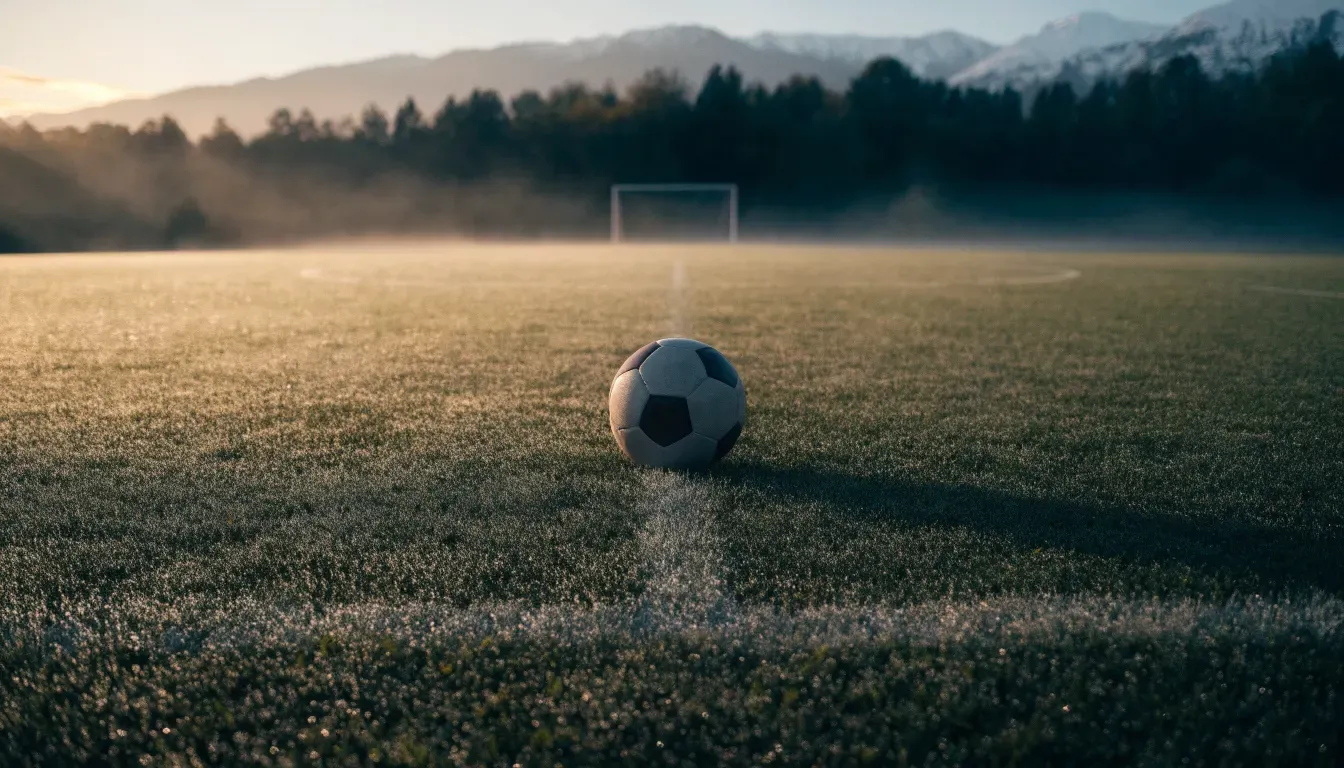 Ein Fussball liegt im Tau auf der Mittellinie eines Dorfplatzes bei Sonnenaufgang, der Rasen glitzert.