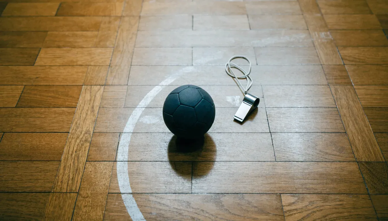 Ein kleiner, schwerer Ball liegt auf glattem Hallenparkett neben einer Trillerpfeife an einer Schnur.