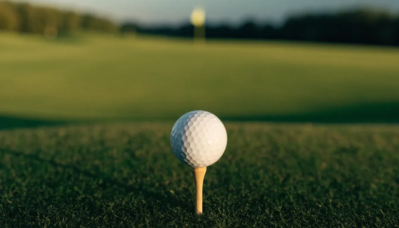 Ein Golfball liegt auf einem Holztee im Gras, scharf im Vordergrund, dahinter verschwimmt eine weite Wiese.