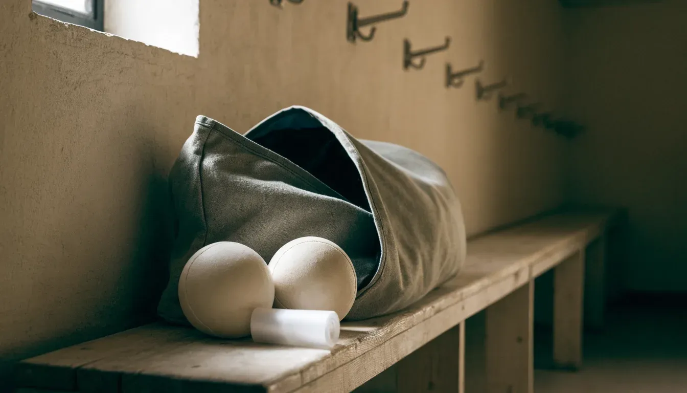 Eine Stofftasche mit Klebeband und zwei Handbällen steht auf einer Bank in einer Umkleide, Licht fällt durch ein kleines Fenster.