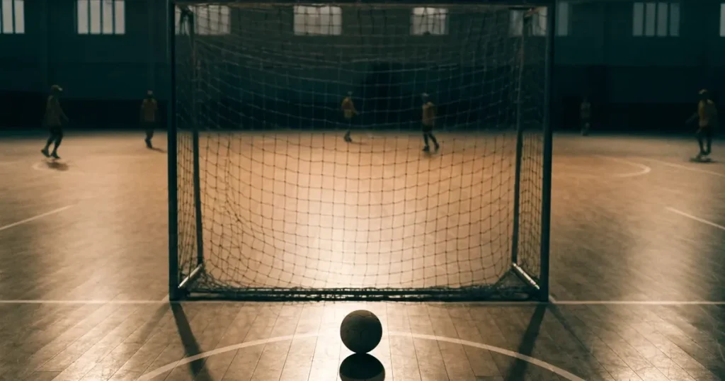 Ein Tor mit dicht gespanntem Netz steht in einer grossen Halle, davor liegt ein Handball auf der Torraumlinie.