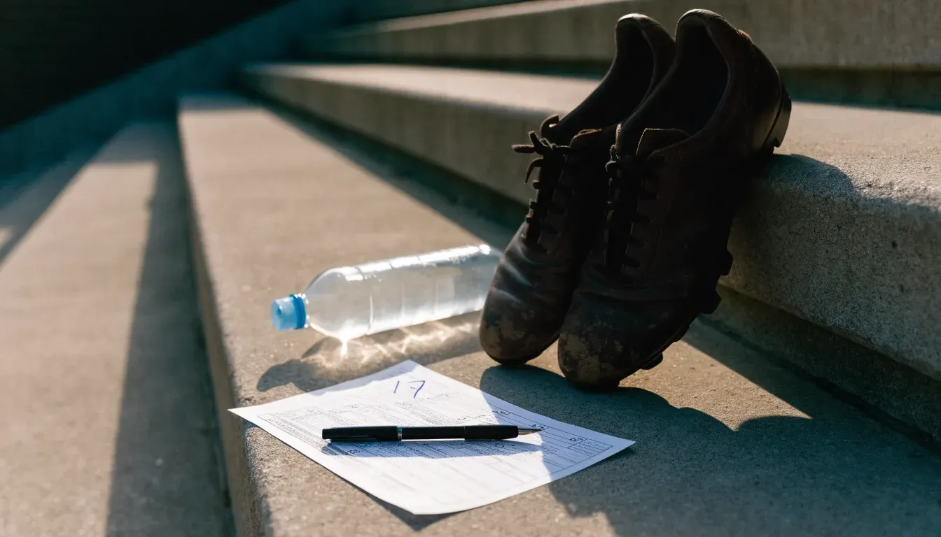 Ein Paar abgetragene Fussballschuhe steht neben einer Wasserflasche auf einer Treppenstufe im Sonnenlicht.