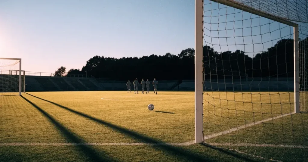 Ein Fussballplatz im Abendlicht mit langen Schatten der Torpfosten, die Rasenfläche leuchtet gelblich.