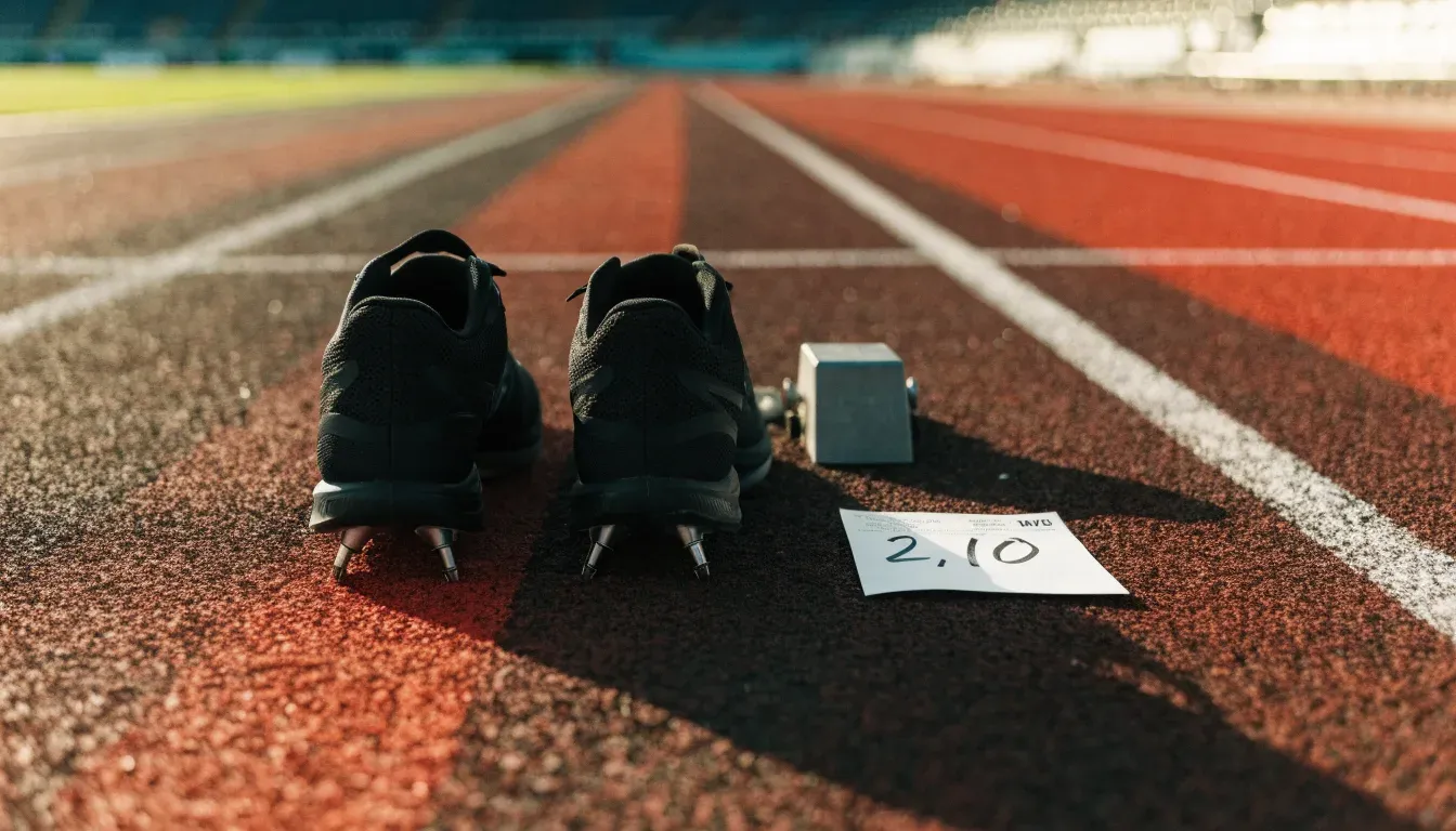 Ein Paar Laufschuhe mit Spikes liegt auf einer Tartanbahn neben einem Startblock, die Linien verlaufen in die Ferne.
