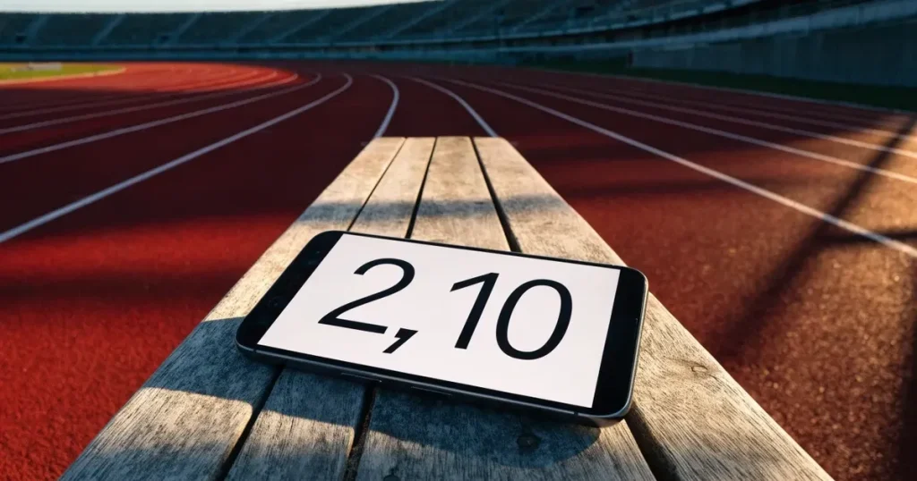Eine rote Laufbahn mit weissen Linien leuchtet in der Morgensonne, im Hintergrund ein leeres Stadion.