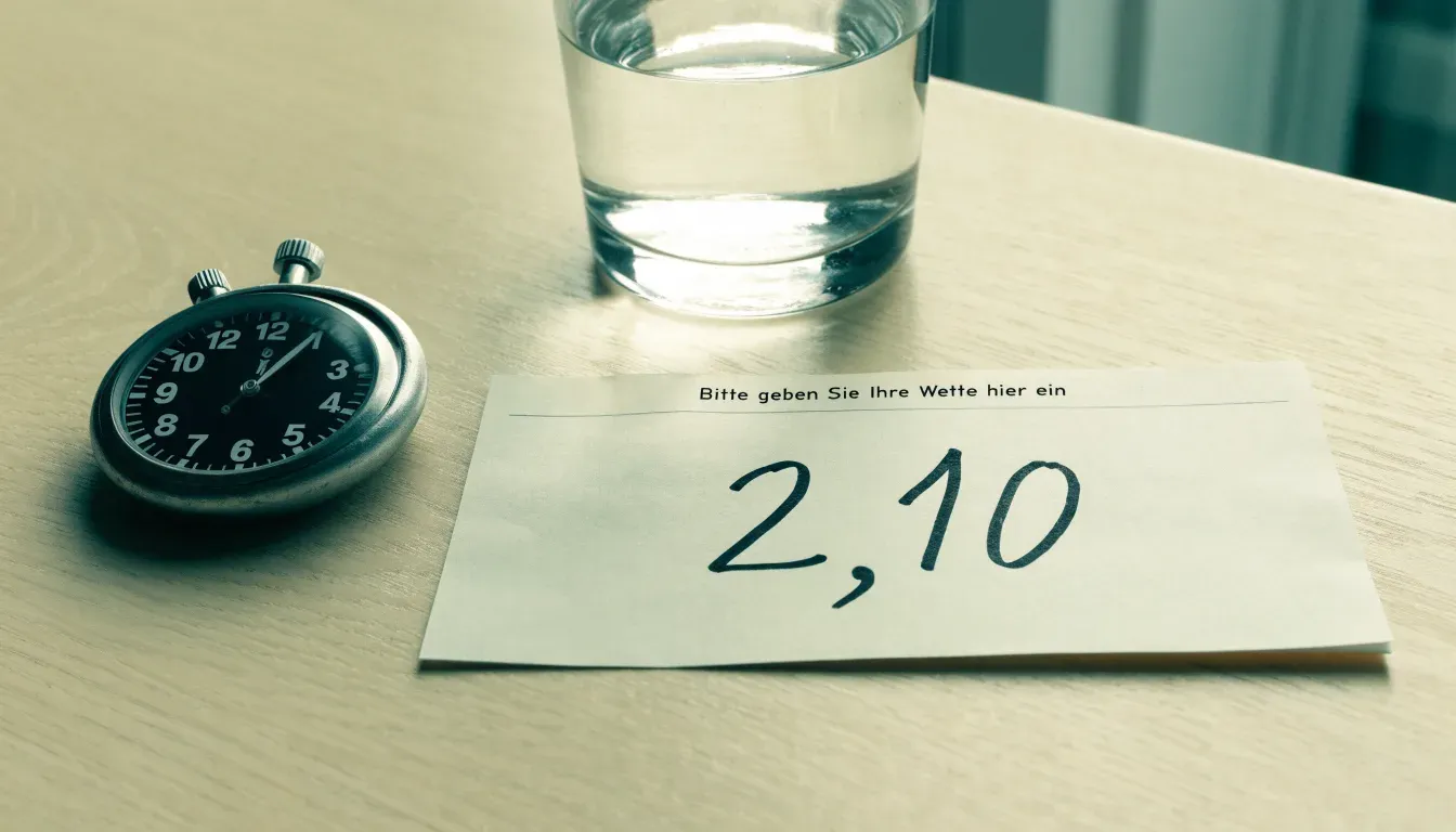 Eine Stoppuhr an einer Schnur liegt auf einem Holztisch neben einem Wasserglas, das Licht ist ruhig.