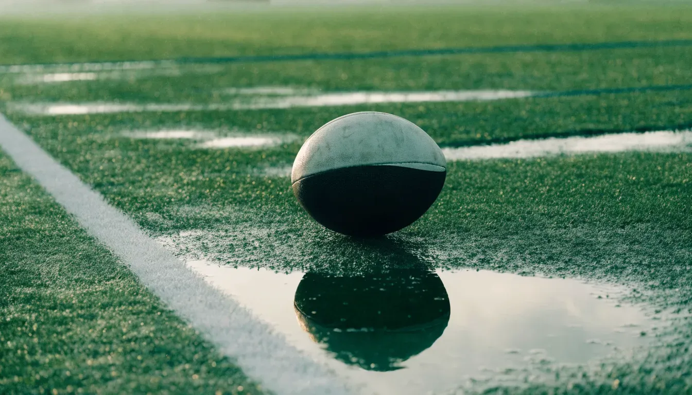 Ein Fussball liegt auf nassem Kunstrasen neben einer weissen Linie, Pfützen spiegeln den Himmel.