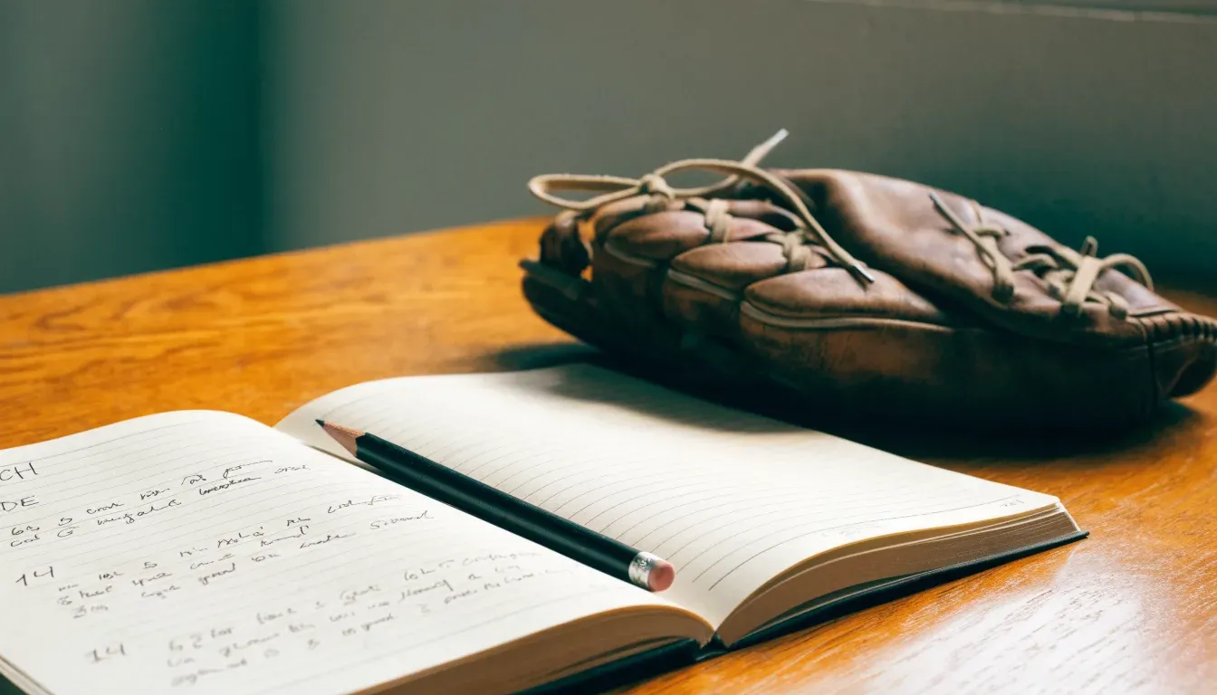 Ein aufgeschlagenes Notizbuch mit handgeschriebenen Notizen und ein Bleistift liegen auf einem Holztisch neben einem abgegriffenen Baseballhandschuh.